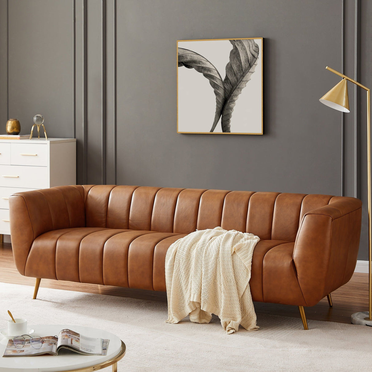 Ava - Genuine Italian Leather Channel Tufted Sofa - Gold / Tan