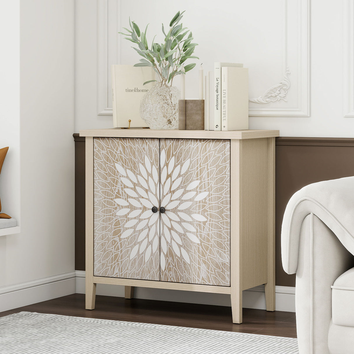 2 Door Carved Storage Cabinet With Adjustable Shelf, Accent Furniture