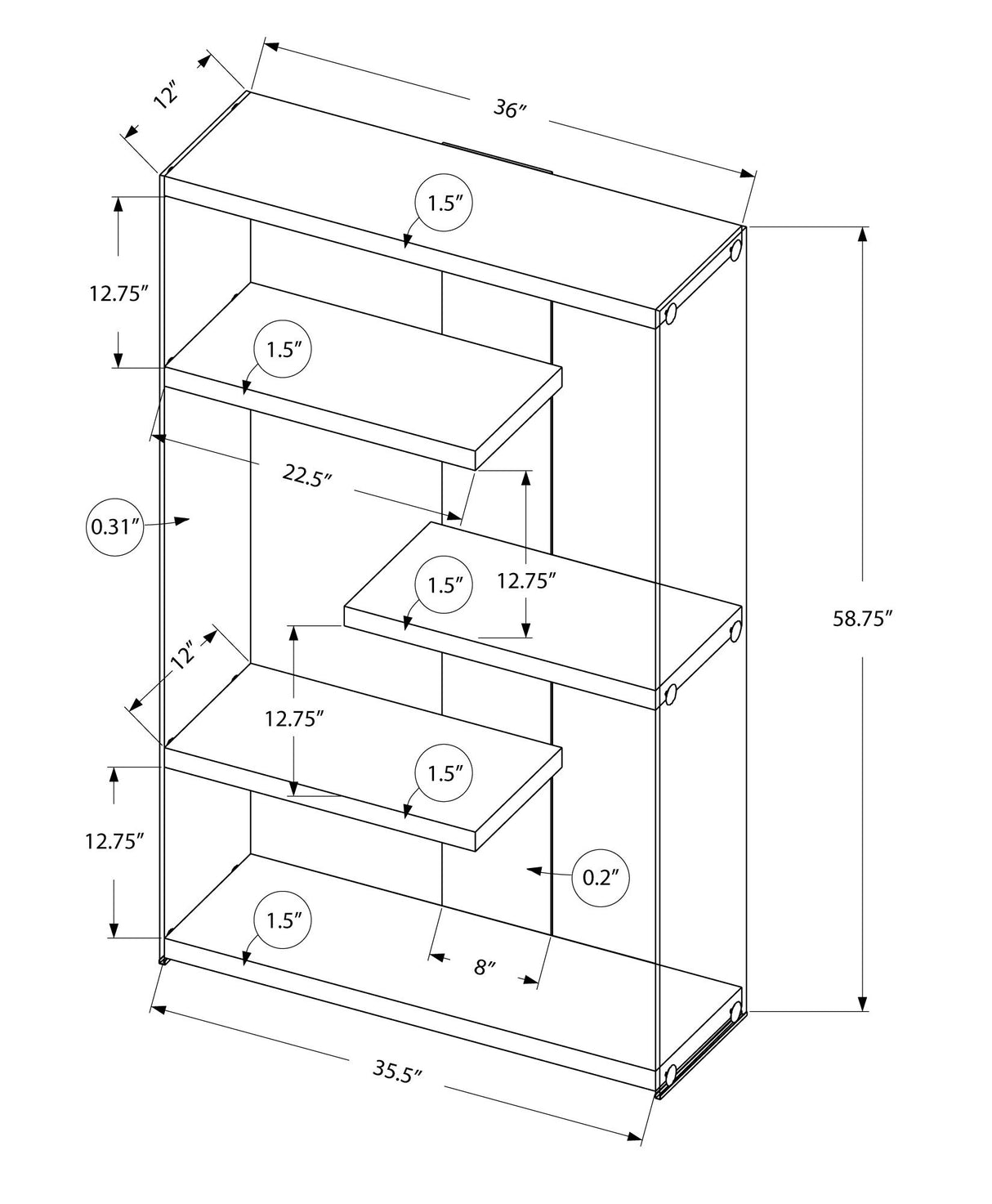 Bookshelf, Bookcase, Etagere, 5 Tier, Office, Glossy Contemporary & Modern - White