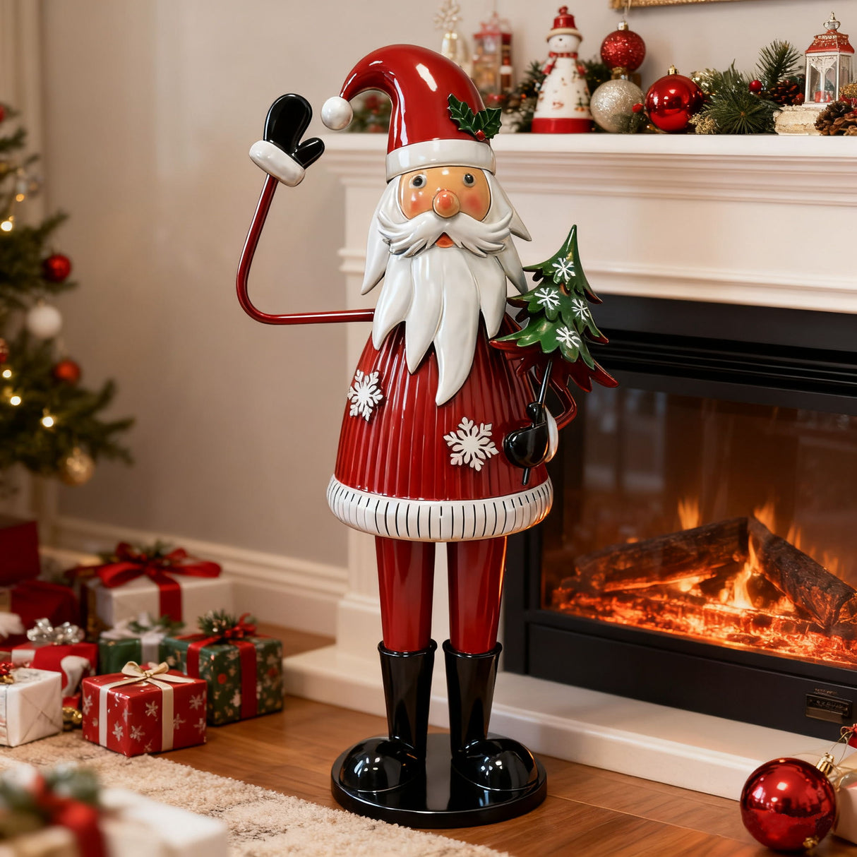 Cheerful Santa Claus Holding Tree And Waving, Holiday Decoration With Festive Design - Red