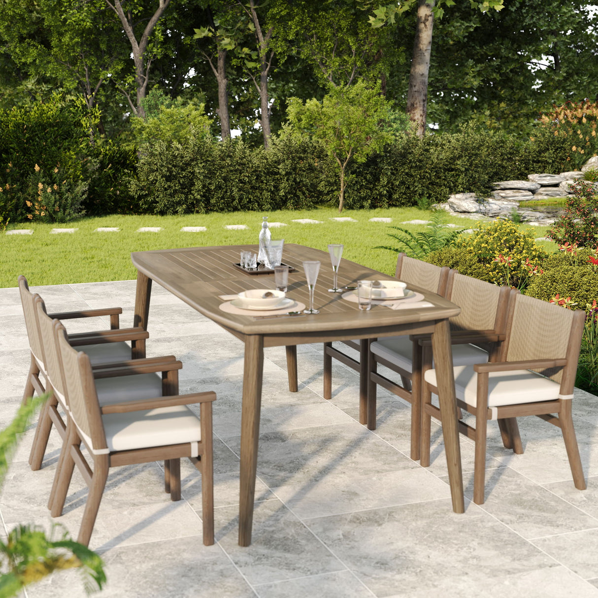 Acacia Wood Dining Table 8 Person Outdoor Table, Farmhouse Furniture For Patio, Garden, Backyard - Light Brown