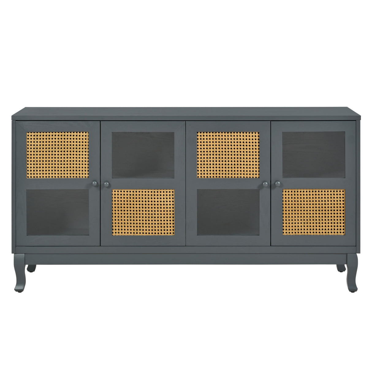 Retro Industrial 4 Door Sideboard With Large Storage, Rattan And Glass Doors