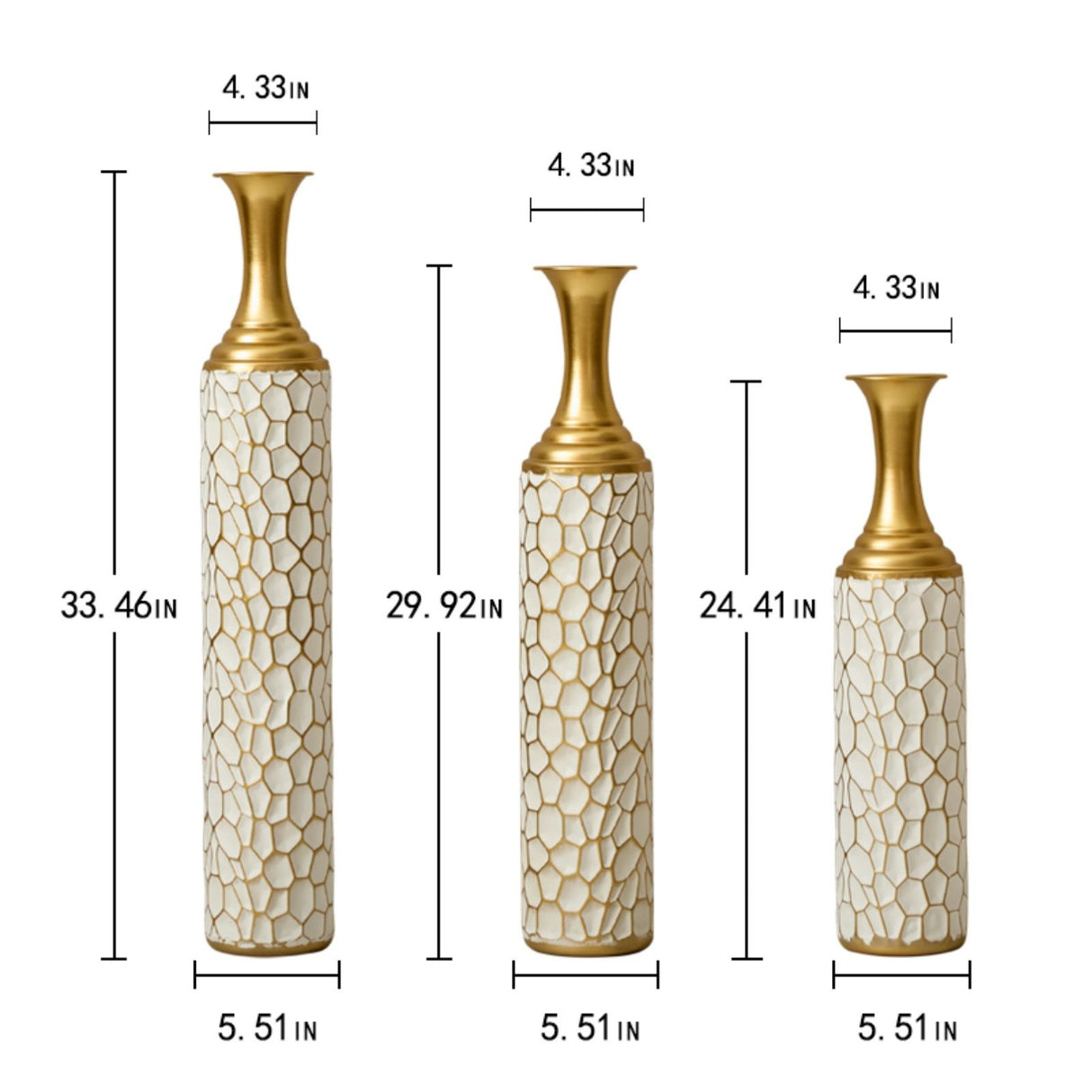 Floor Metal Vase Modern Style Decoration Home Metal Vase (Set of 3) Gorgeous Home Decoration Large Glazed Metal Vases - Gold / White