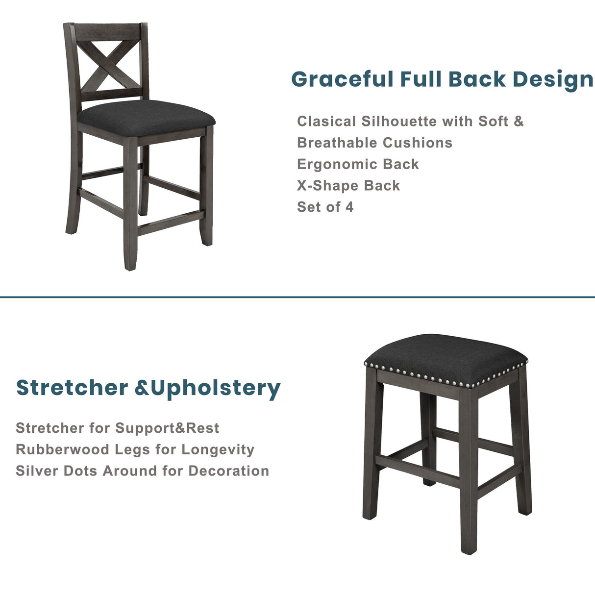 5 Pieces Counter Height Rustic Farmhouse Dining Room Wooden Bar Table Set With 2 Stools And 2 Chairs