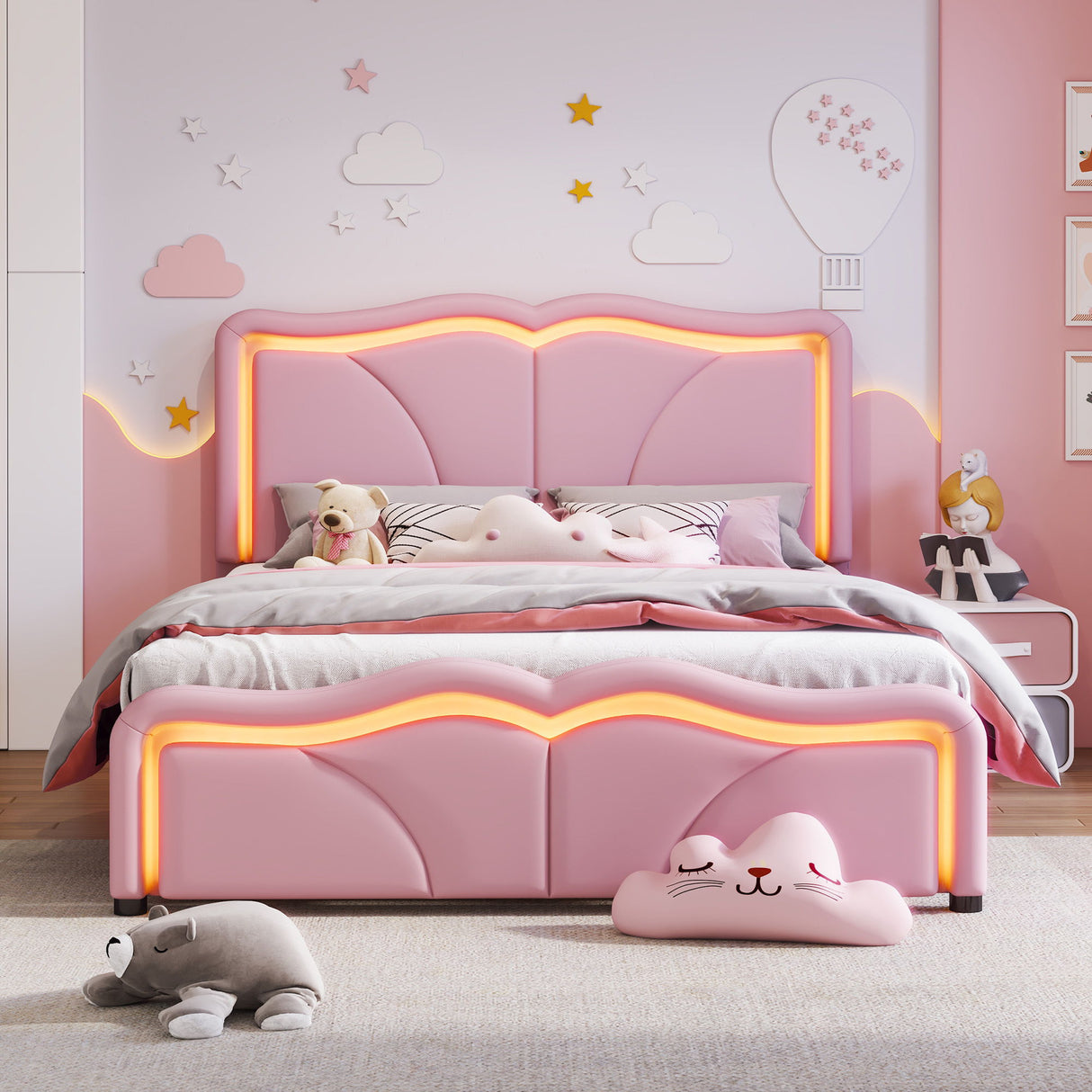 Upholstered Platform Bed & Curve Shaped And Height Adjustable Headboard, LED Light Strips