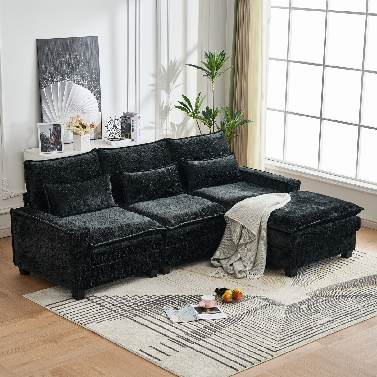 Modern Comfy Chenille L Shaped Sectional Sofa With Movable Ottoman