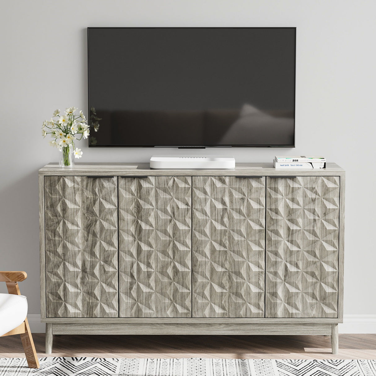 Modern Style Buffet Cabinet, Sideboard Buffet Cabinet With Storage, Storage Cabinet With 4 Diamond Shaped Relief Doors For Living Room, Dining Room, Entryway, Hallway, Kitchen - Gray - Gray