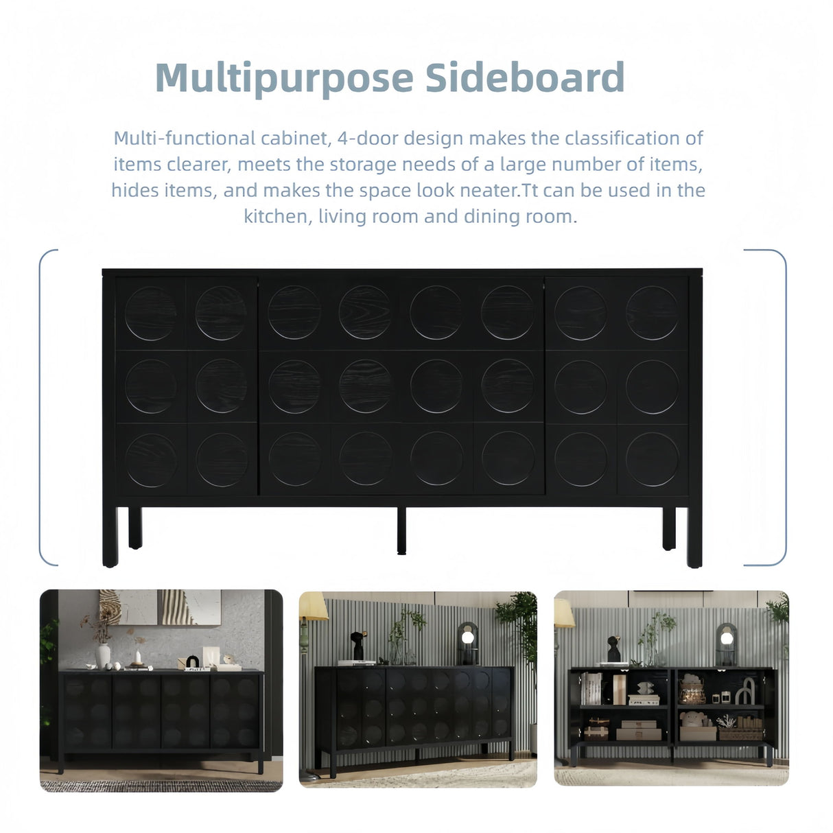 Stylish Storage Cabinet Sideboard With Unique Geometric Circle Door Design - Black