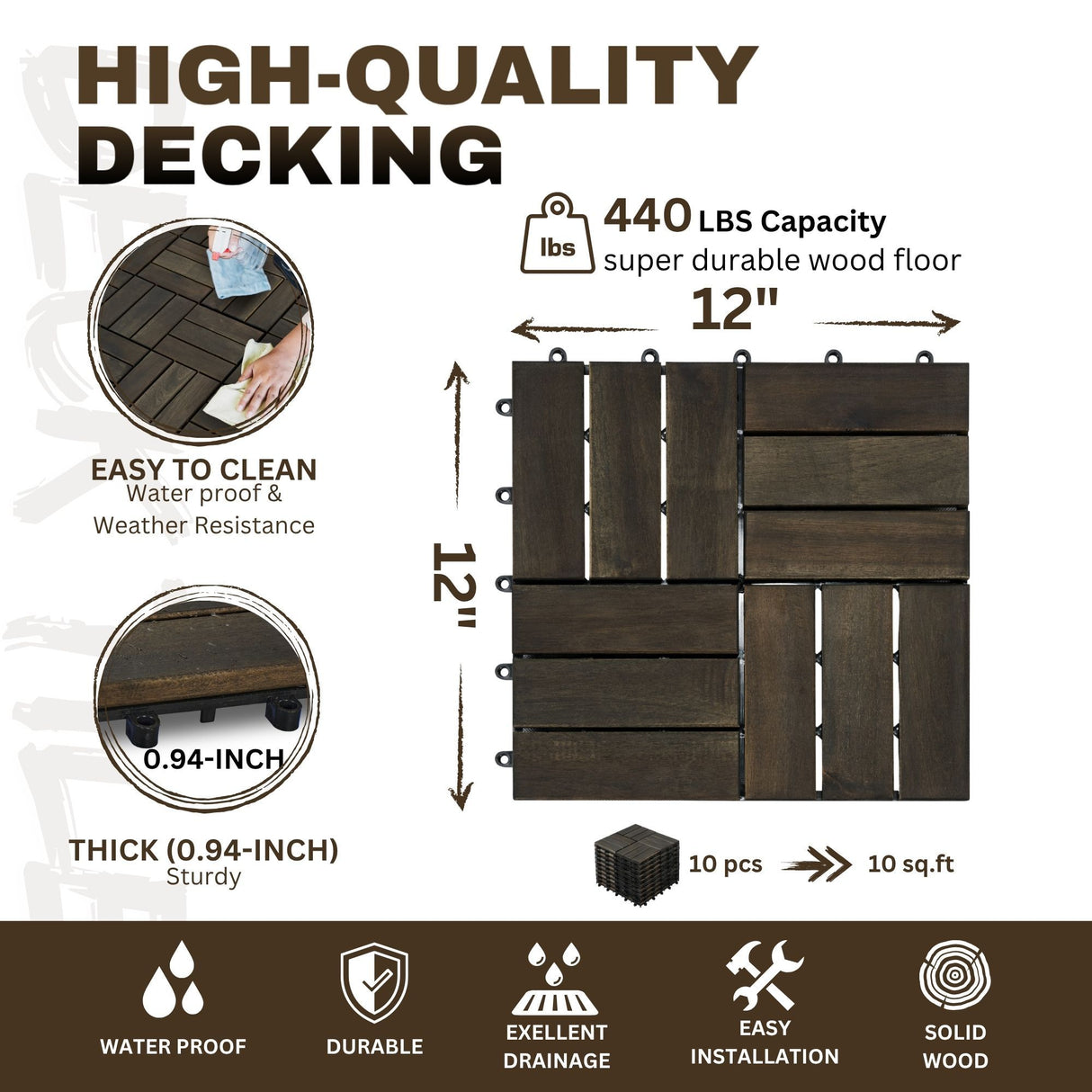 Acacia Wood Interlocking Deck Tiles Checker Pattern For Outdoor Flooring