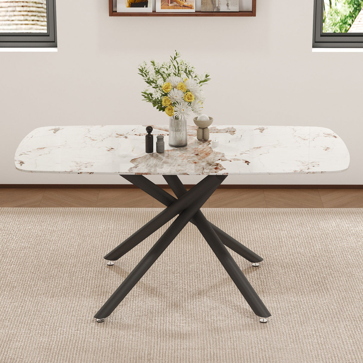 Luxurious Marble Patterned Dining Table With Metal Fork Legs