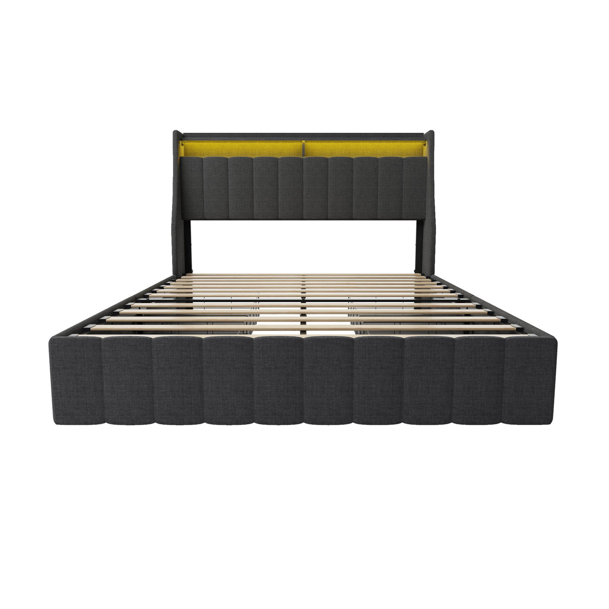 Bed With LED Lights, 4 Drawers, Winged Headboard Upholstered