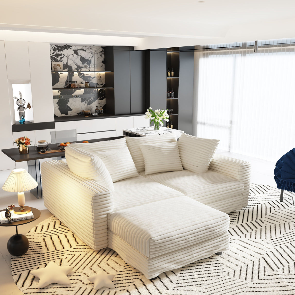 Deep Seat Convertible Sofa With Soft Pillows And Ottomans