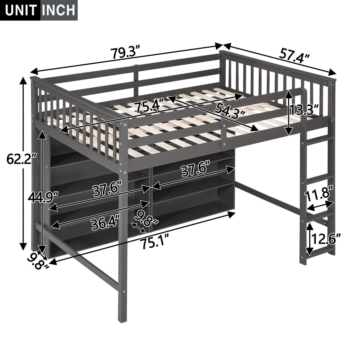 Loft Bed With 8 Open Storage Shelves And Built In Ladder
