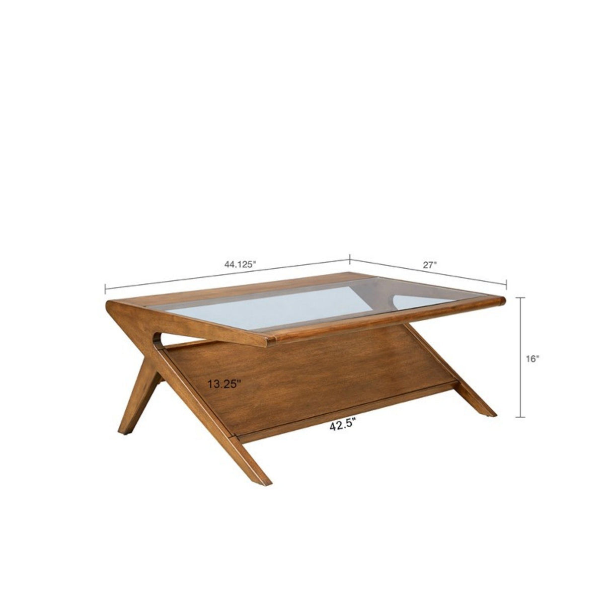 Coffee Table With Tempered Glass Top, Solid Wood Frame - Walnut