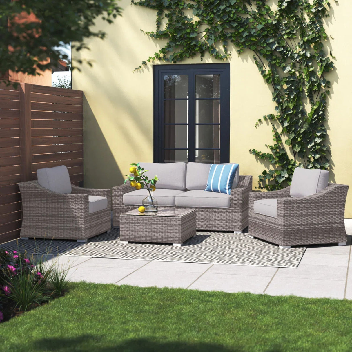 Outdoor Wicker Conversation Set With Cushions, All Weather
