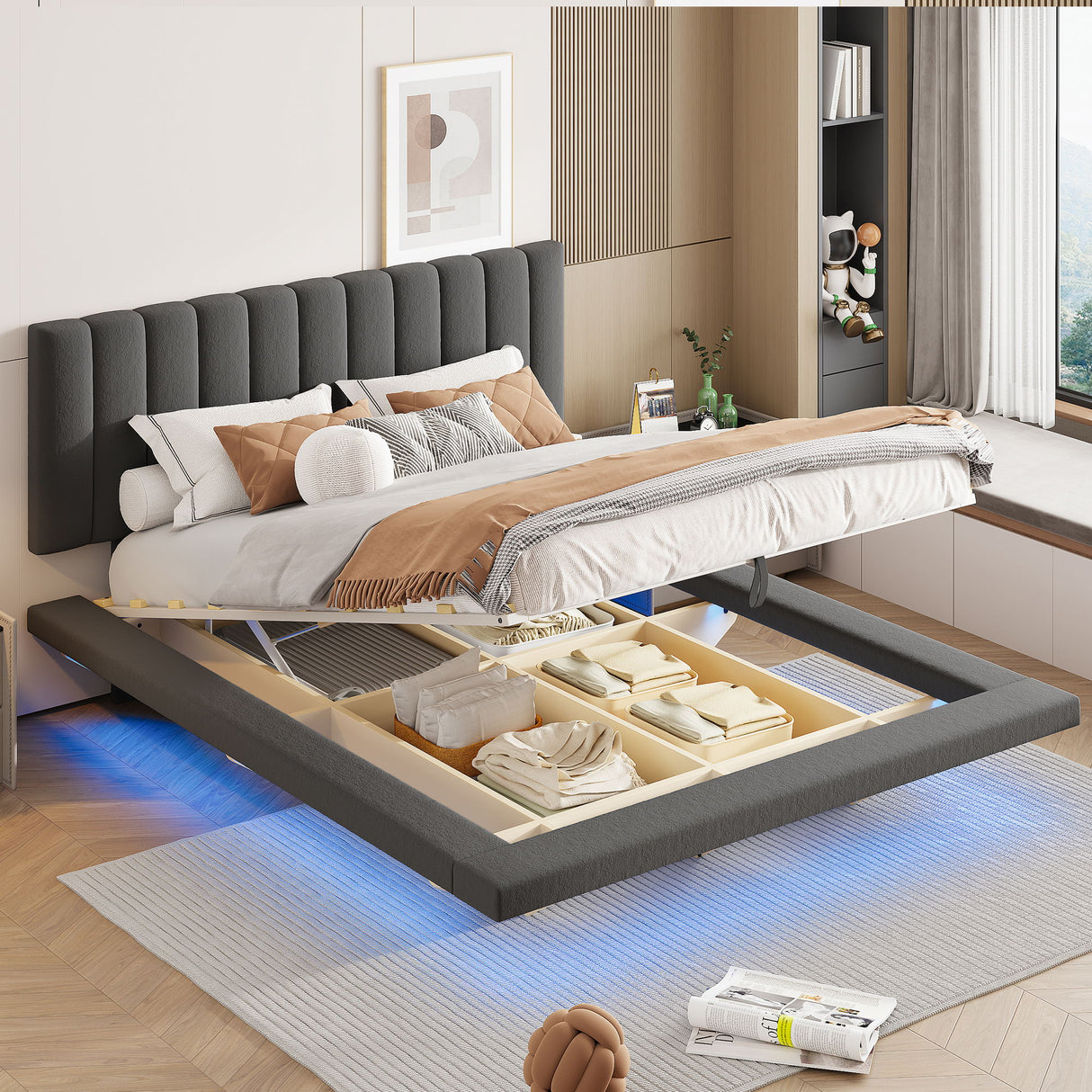 Upholstered Floating Hydrualic Platform Bed With LED Light And USB Port