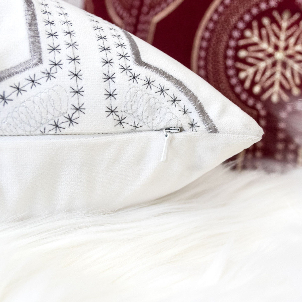 Holiday Throw Pillow With Snowflake Embroidery
