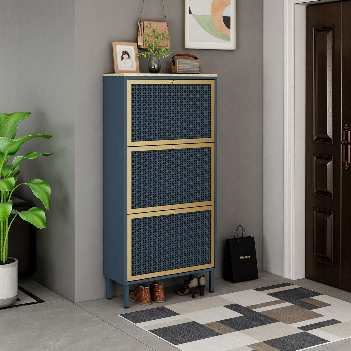 Modern Rattan 3 Door Shoe Rack Cabinet For Entryway