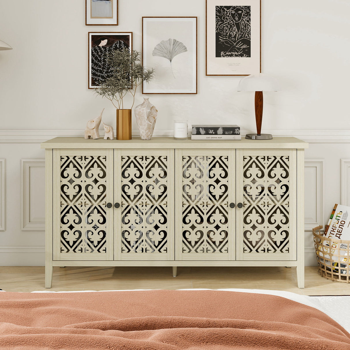 Hollowed Out Cabinet With 4 Doors, American Furniture, Suitable For Bedroom, Living Room, Study - Natural