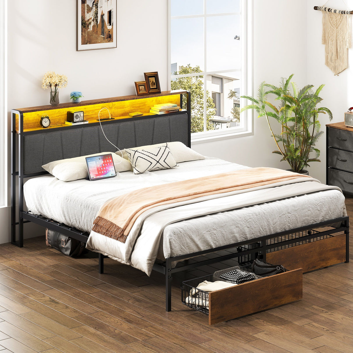 Upholstered Platform Bed Frame With Storage Drawers, USB Ports, LED Lights