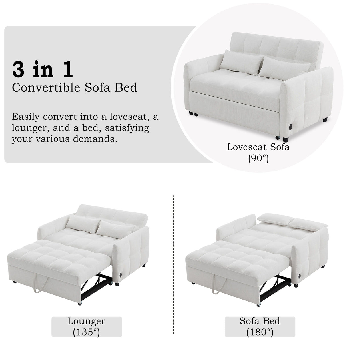 Loveseat Sofa Pull-Out Bed With Adjustable Backrest, 3 USB Ports And 2 Lumbar Pillows For Living Room