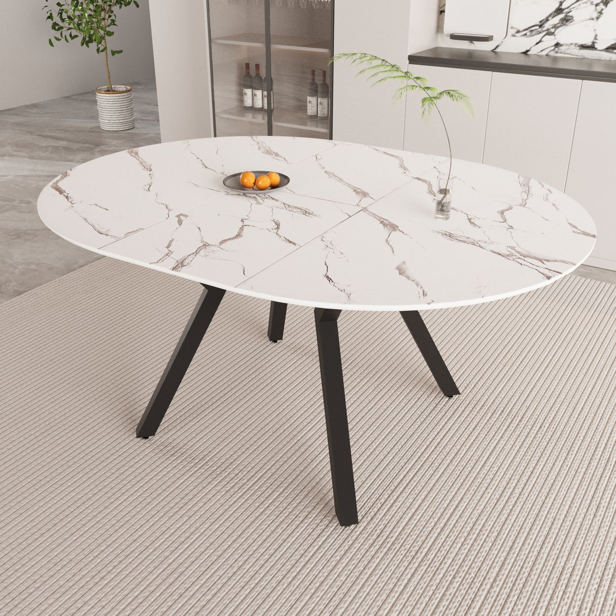 Modern Extendable White Circular Dining Table with MDF Top and Metal Legs for 4-6 Persons