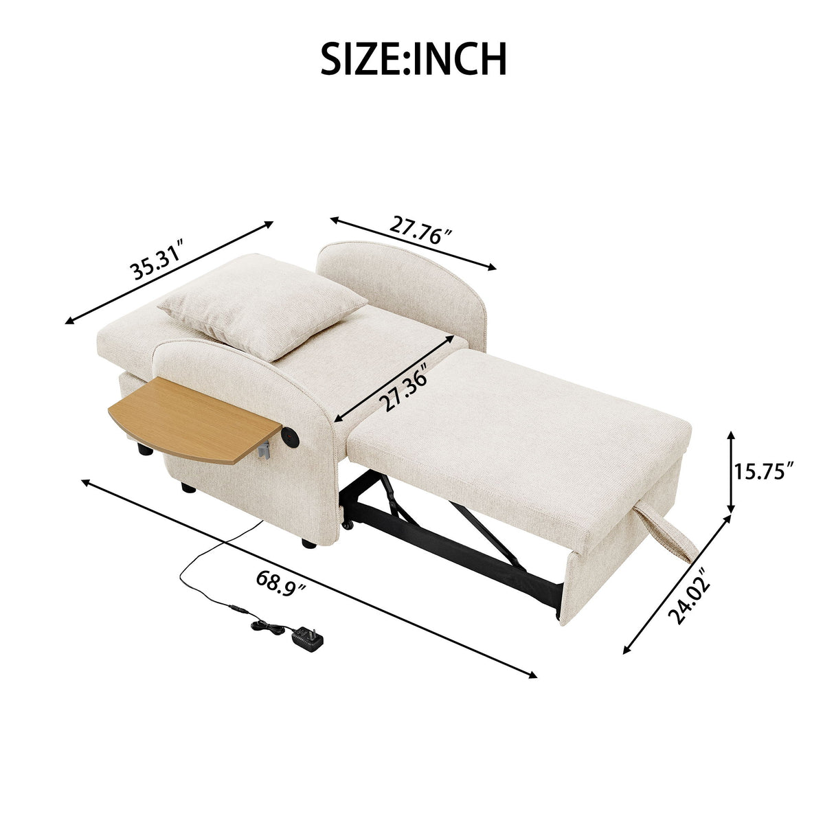 Convertible Single Chair Bed With Computer Board And USB Ports, 3 In 1 Sofa Bed - Beige