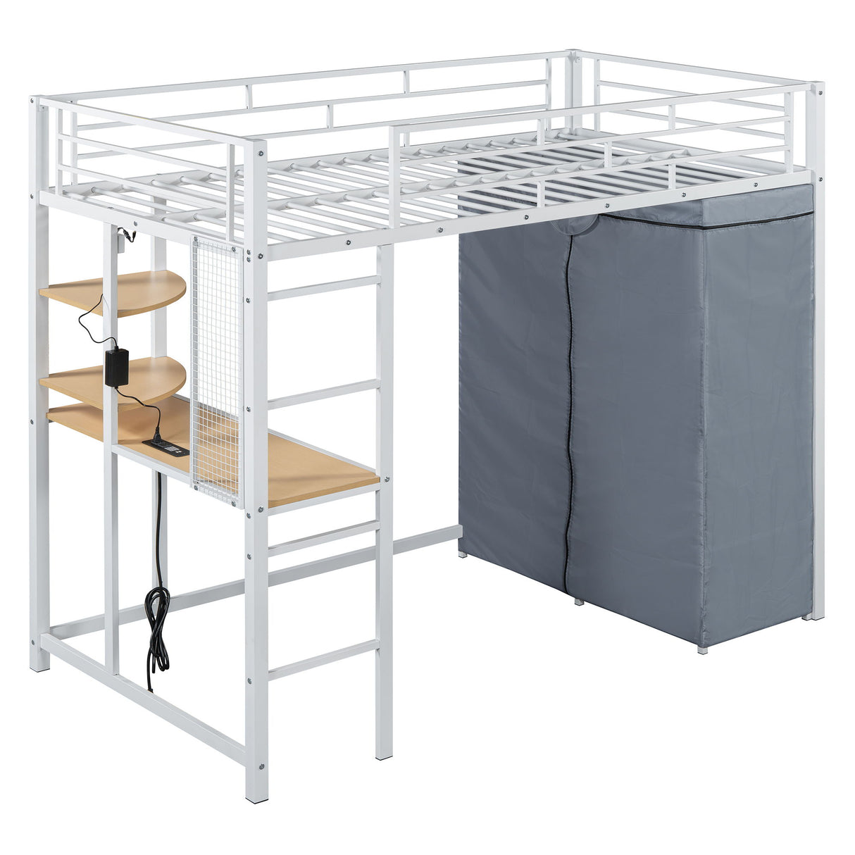 Loft Bed With Desk, Shelves, Power Outlet, LED Light And Wardrobe