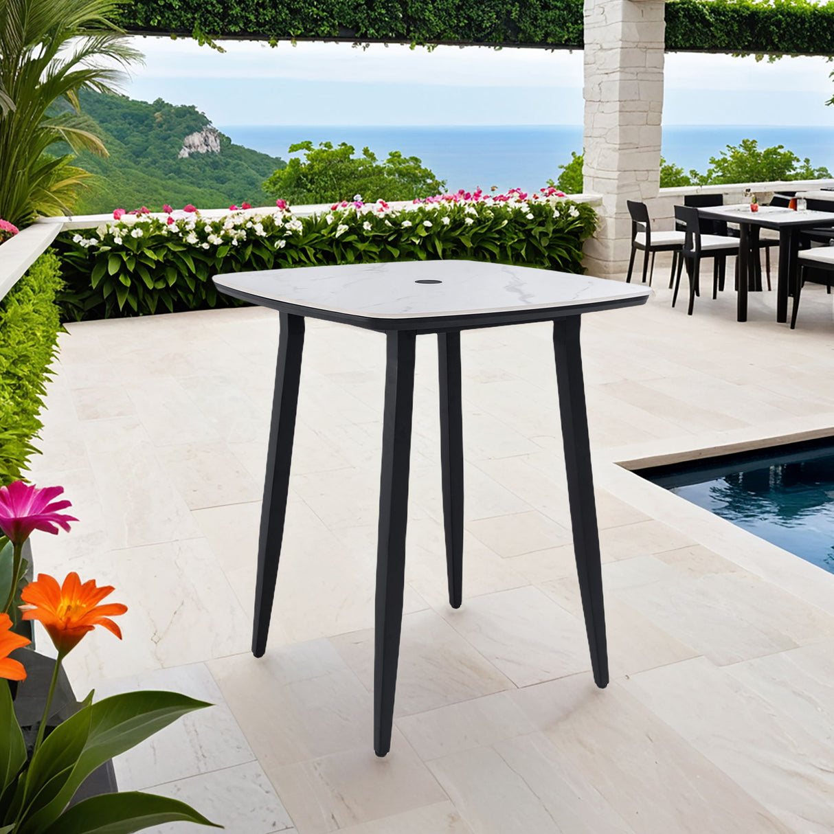 Modern Outdoor Bar Table, Rounded Square Sintered Stone Top With Umbrella Hole, Rust Free Frame, Weatherproof - Ember Black / White