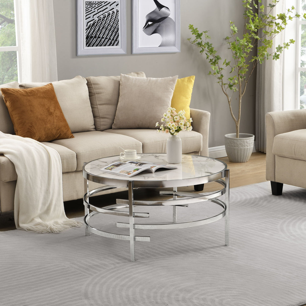 Round Table With Sintered Stone Top And Sturdy Metal Frame