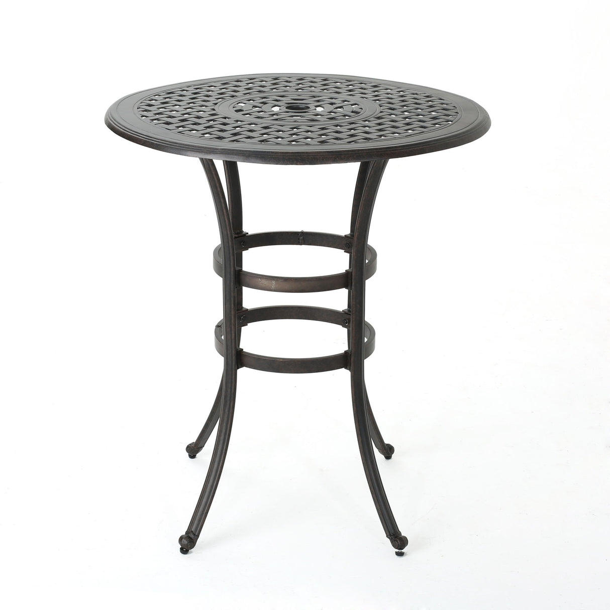 Traditional Style Cast Aluminum Bar Table With Lattice Design And Umbrella Holder - Bronze