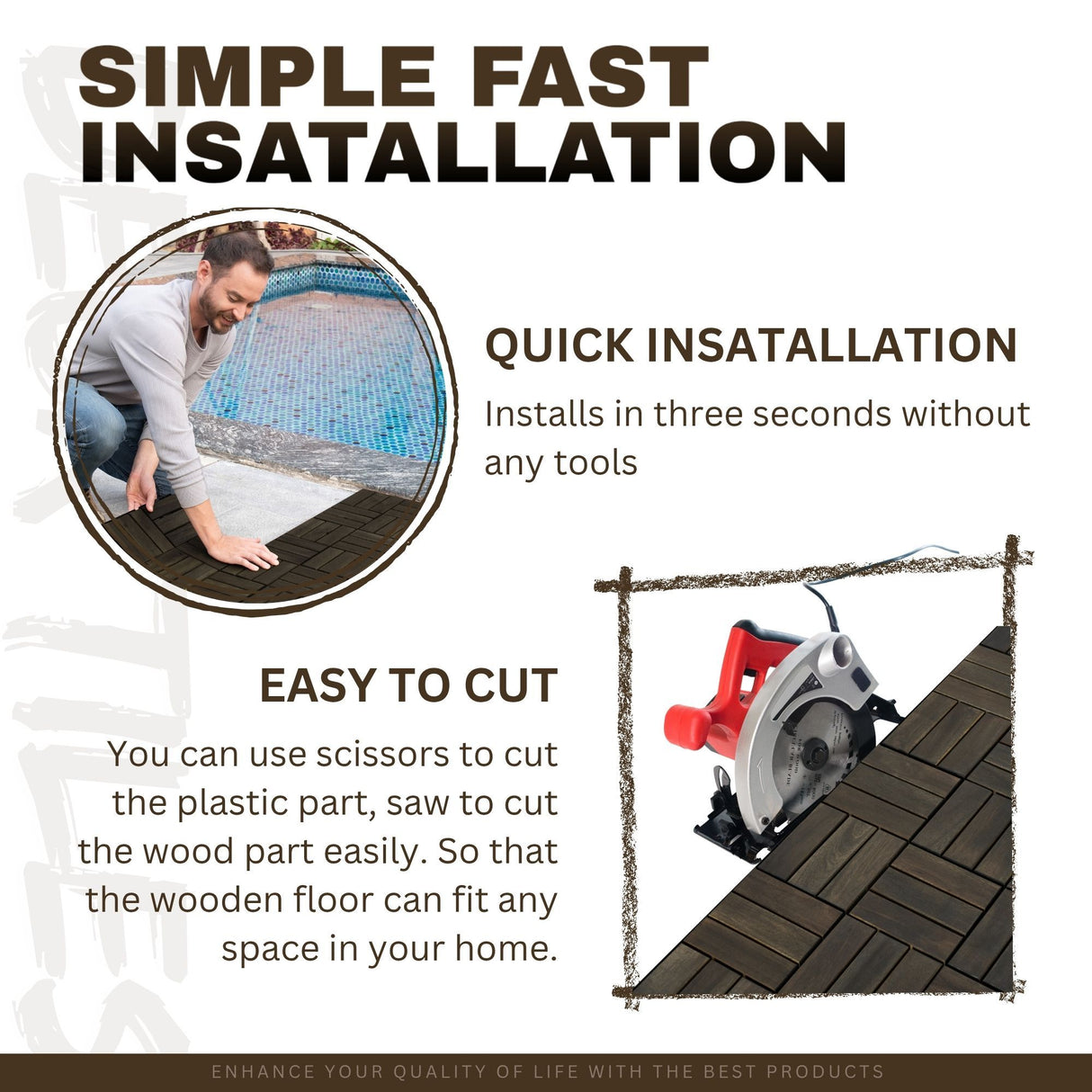 Acacia Wood Interlocking Deck Tiles Checker Pattern For Outdoor Flooring