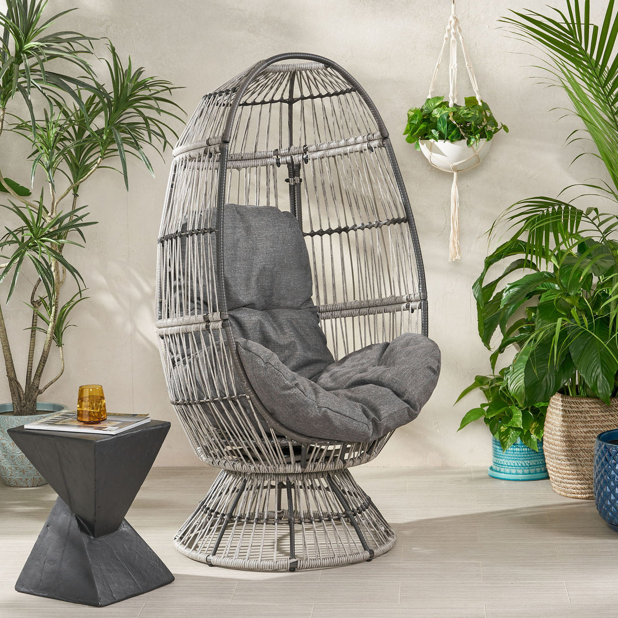 Patio Swivel Basket Egg Chair With Cushion