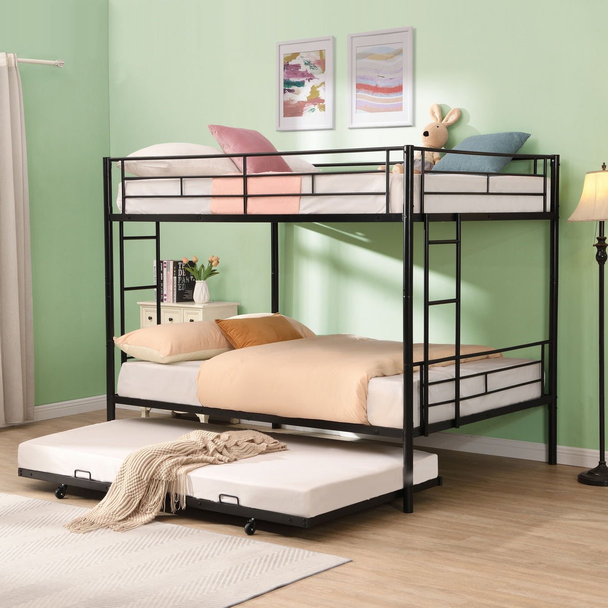 Full Over Full Modern Metal Bunk Bed With Trundle - Black
