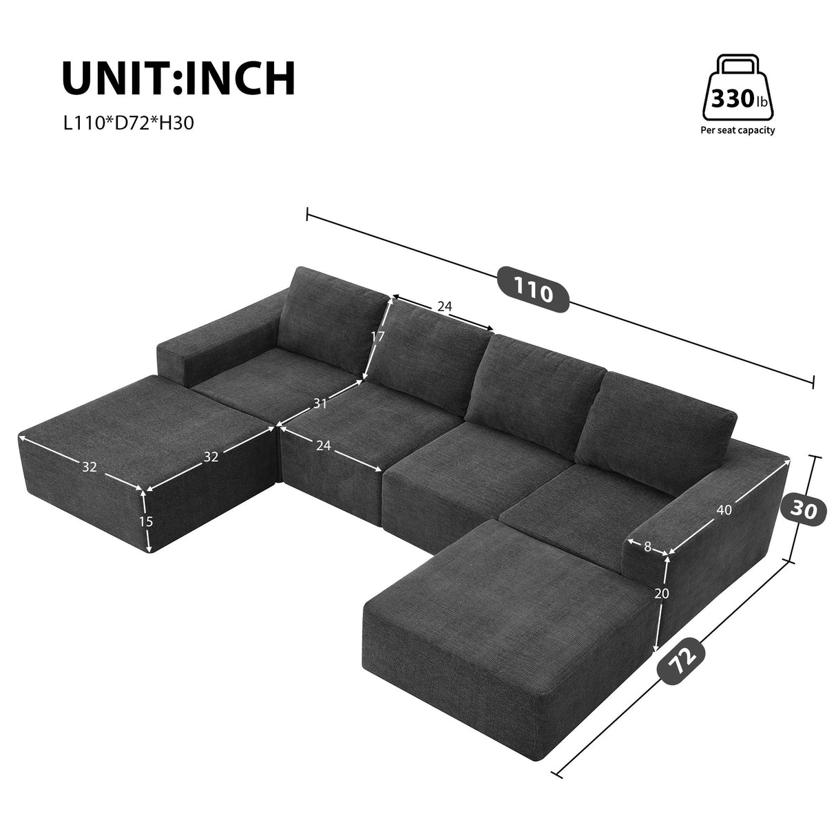 Modular U Shaped Sectional With Ottomans, Luxury Cloud Floor Couch With Deep Seat Fully Compressed Upholstered Sofa