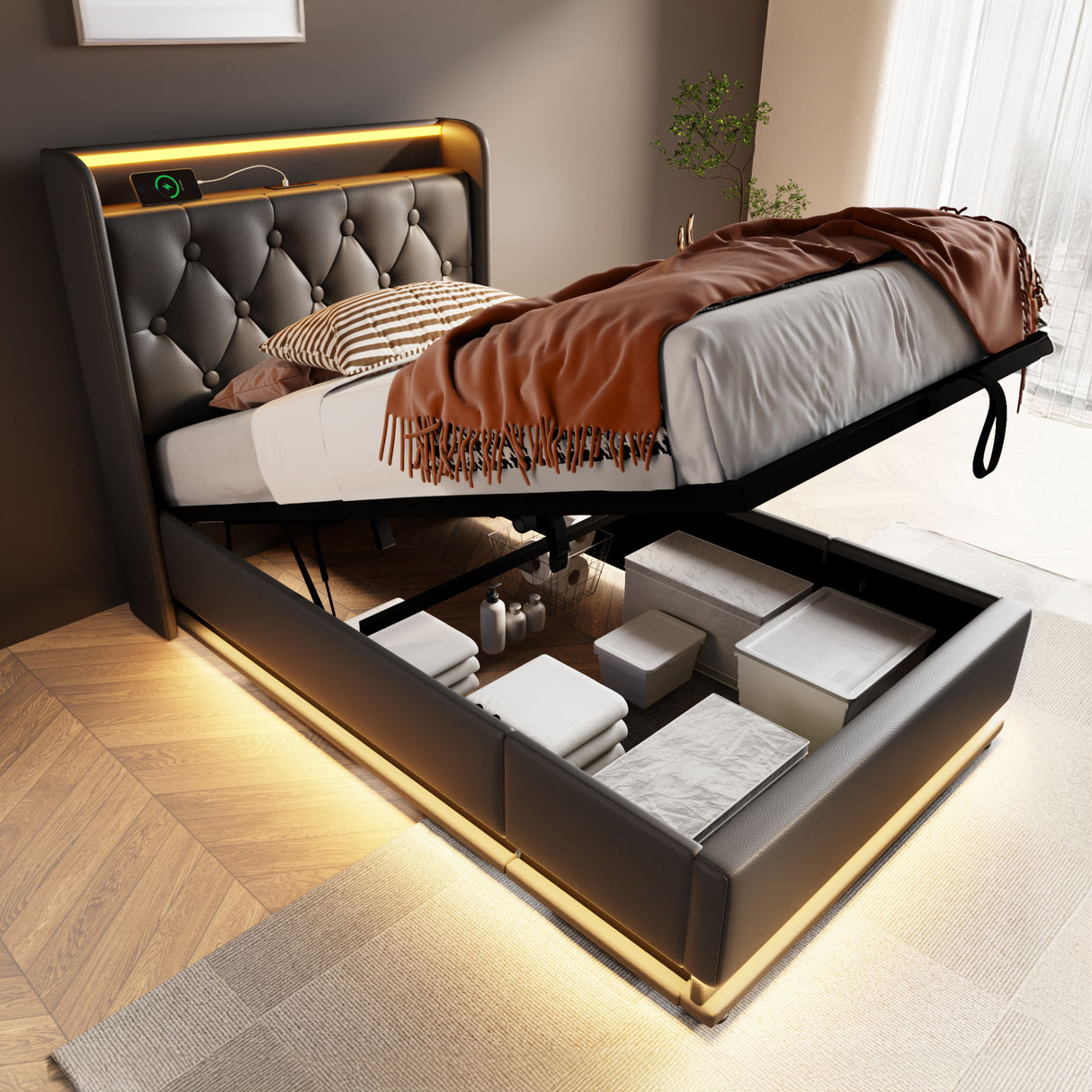 Upholstered Bed, 360 Surround LED Function, Remote Control, Hydraulic Storage Bed With USB, Type-C Charging (Without Mattress)