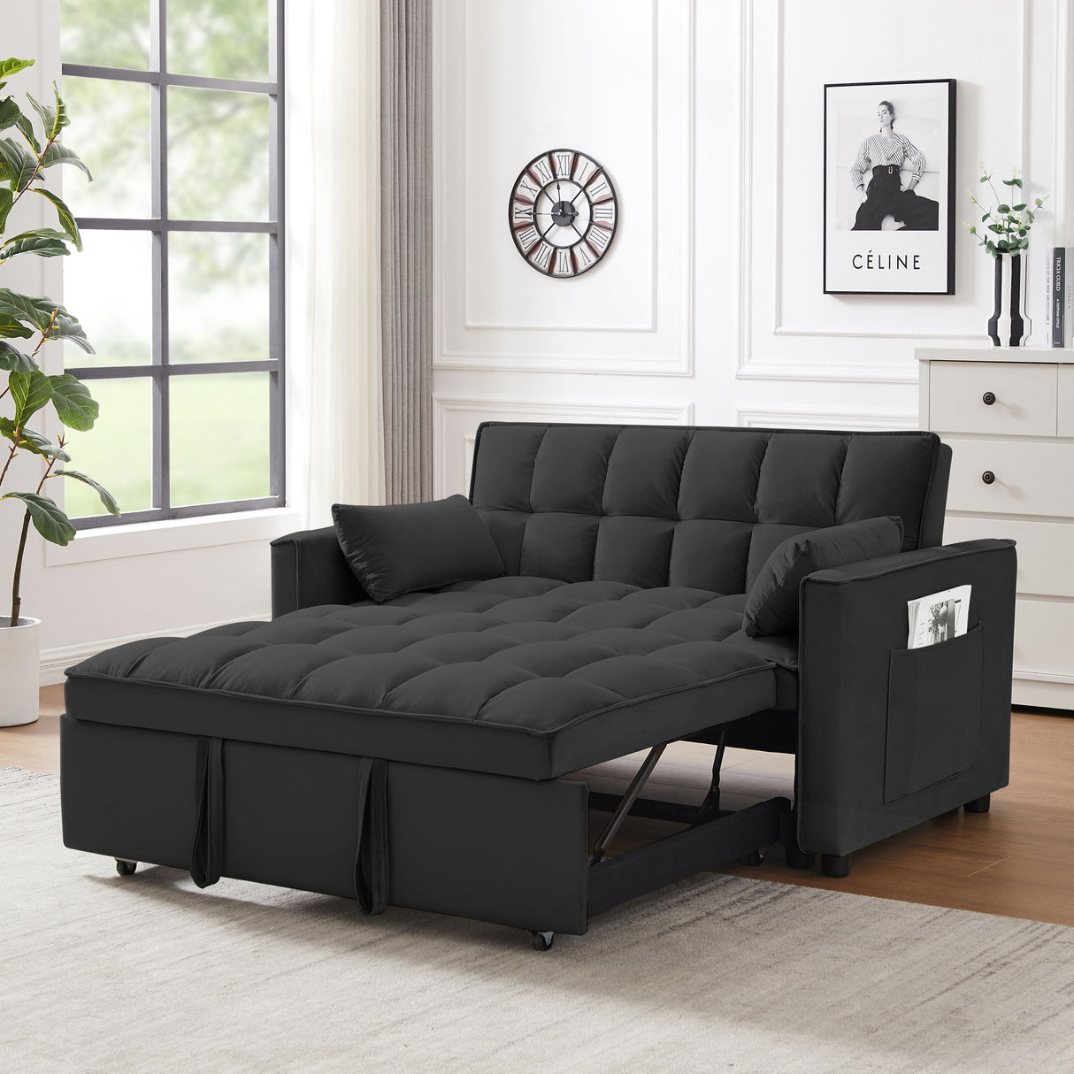 Modern Velvet Convertible Loveseat Futon Sofa With Pullout Bed, Reclining Backrest