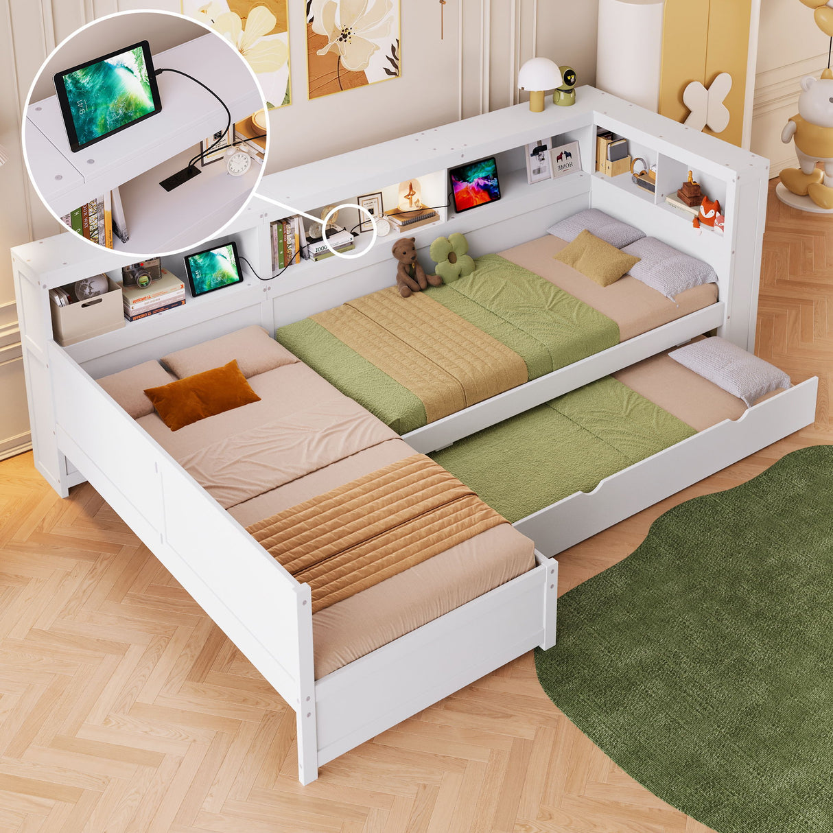 L Shaped Platform Bed With Trundle And Drawer