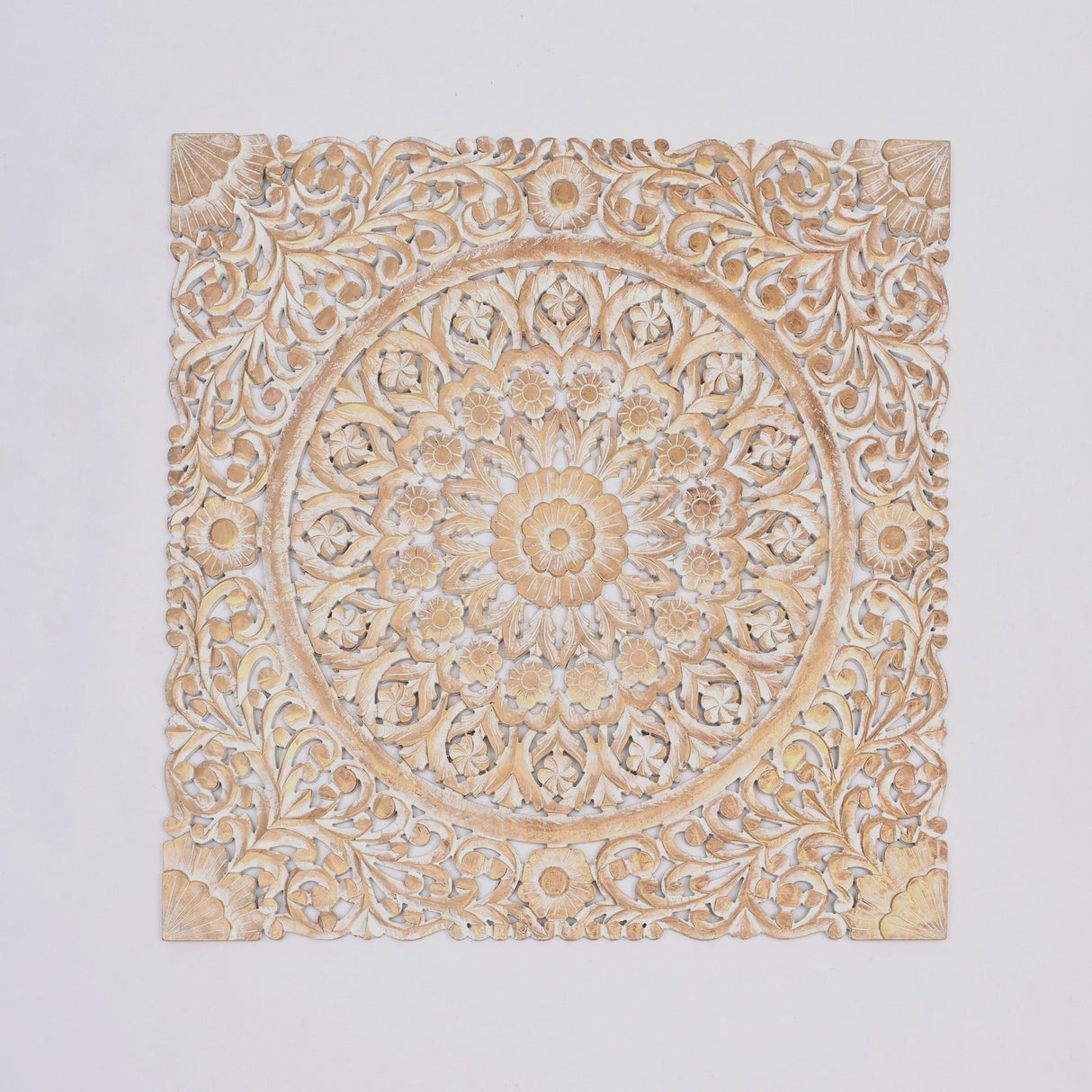 Floral Hand Carved Mandala Square Wall Decor With Spiritual Symbolism - Gold / White
