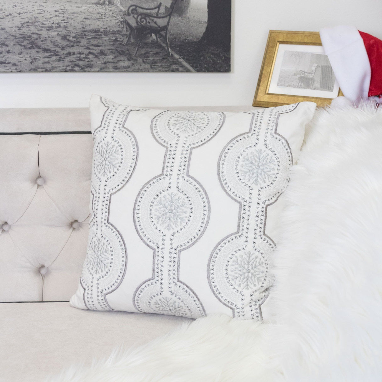 Holiday Throw Pillow With Snowflake Embroidery