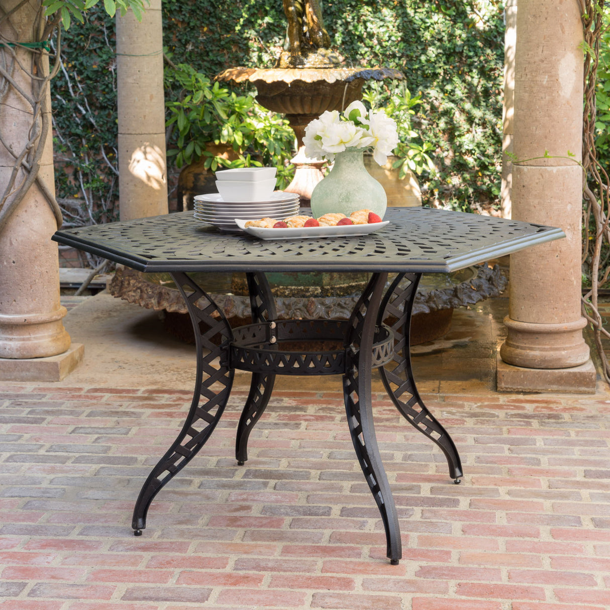 Outdoor Cast Aluminum Dining Table With Lattice Top And Umbrella Hole - Black