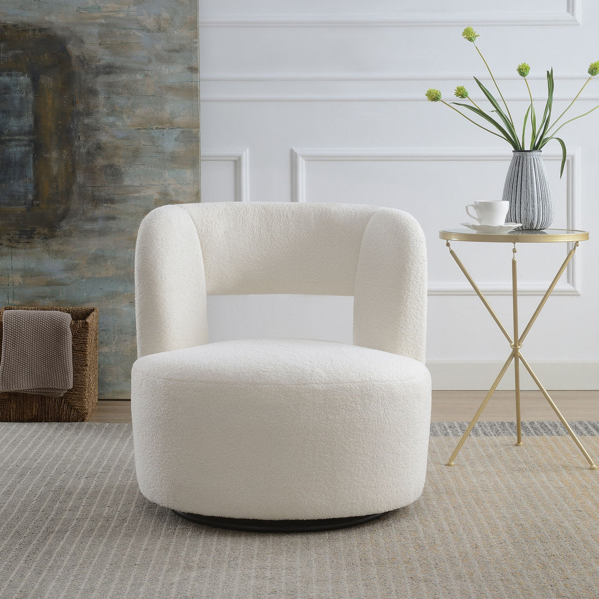 Swivel Comfy Round Barrel Chair With Soft Teddy Fabric For Living Room