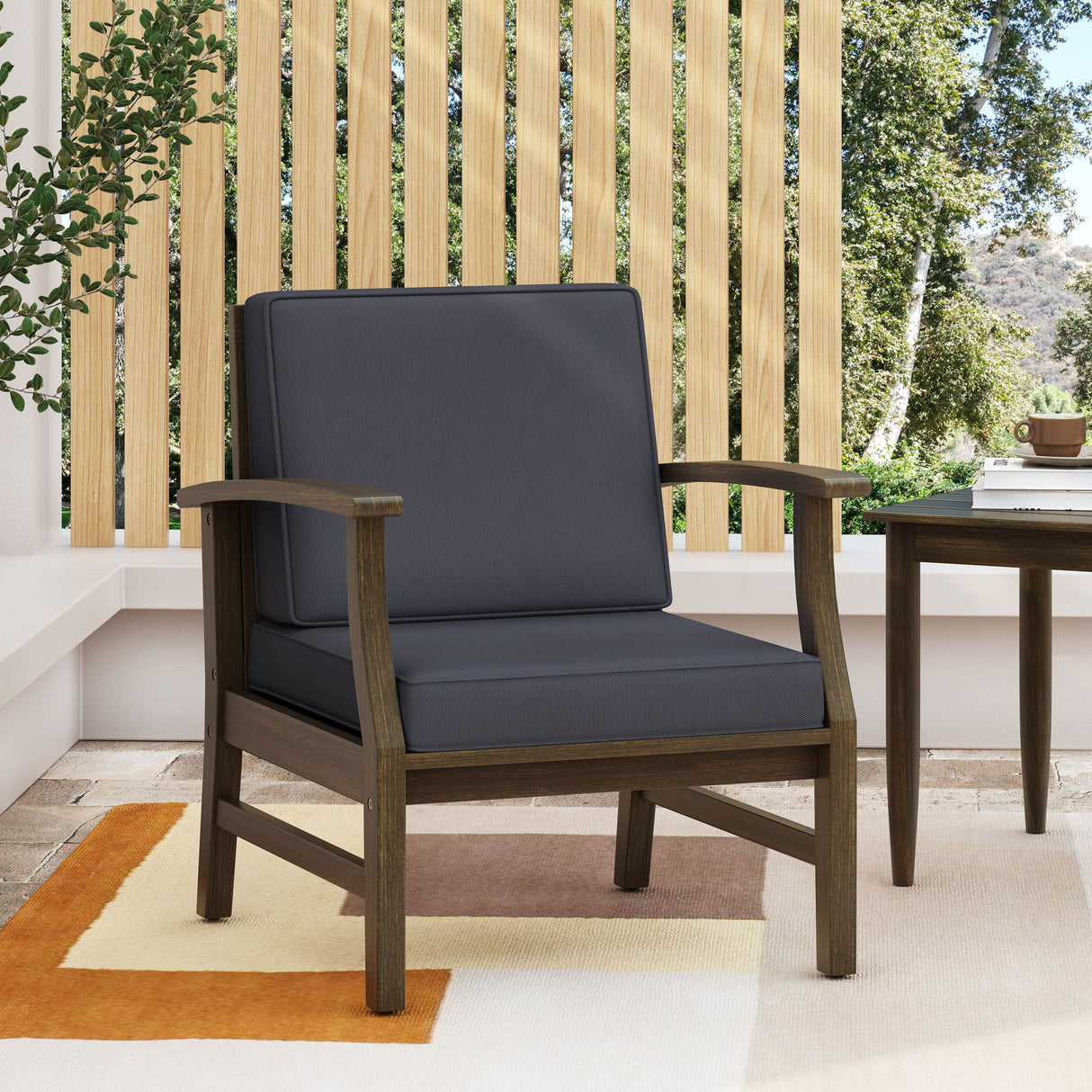 Enchanting Outdoor Club Chair With Slat Panel Design And Water Resistant Cushion - Dark Gray