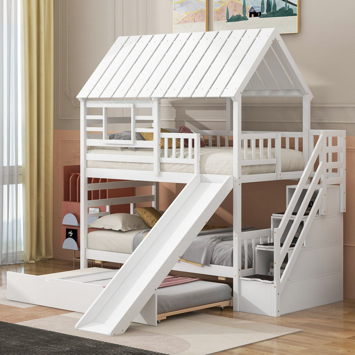 House Bunk Bed With Trundle, Storage Staircase, Roof And Window Design