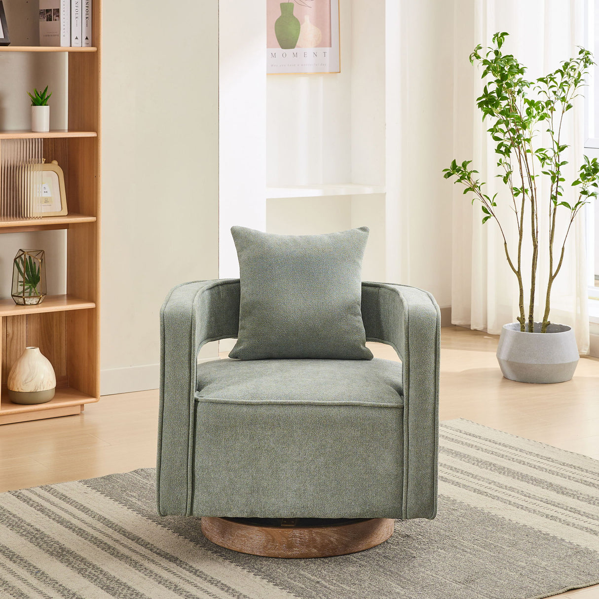 Swivel Accent Open Back Barrel Chair With Weathered Base