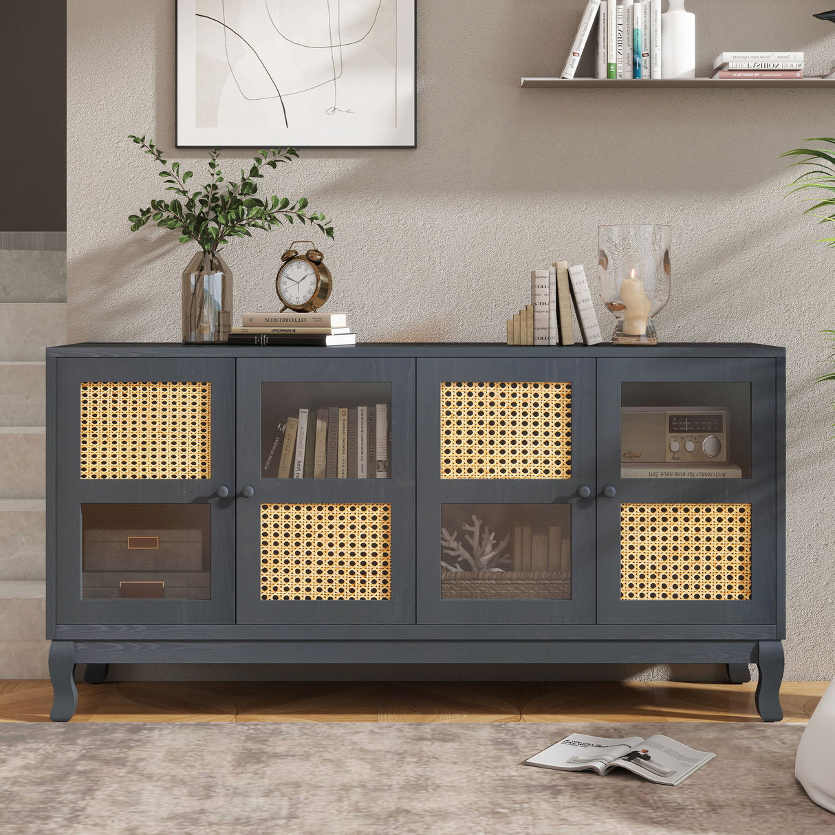 Retro Industrial 4 Door Sideboard With Large Storage, Rattan And Glass Doors