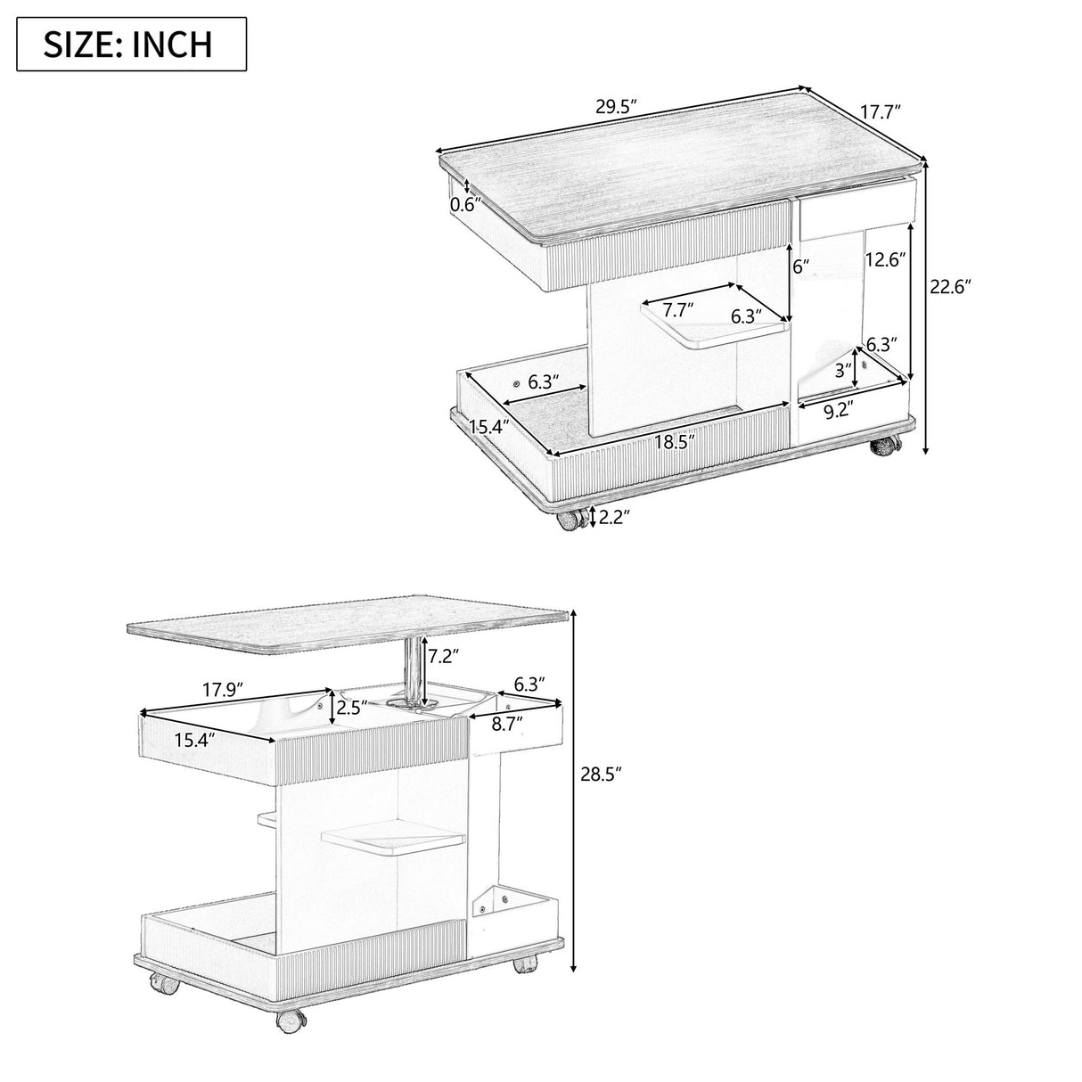 Adjustable End Table With Wheels, 360°Rotating Top And Storage Space