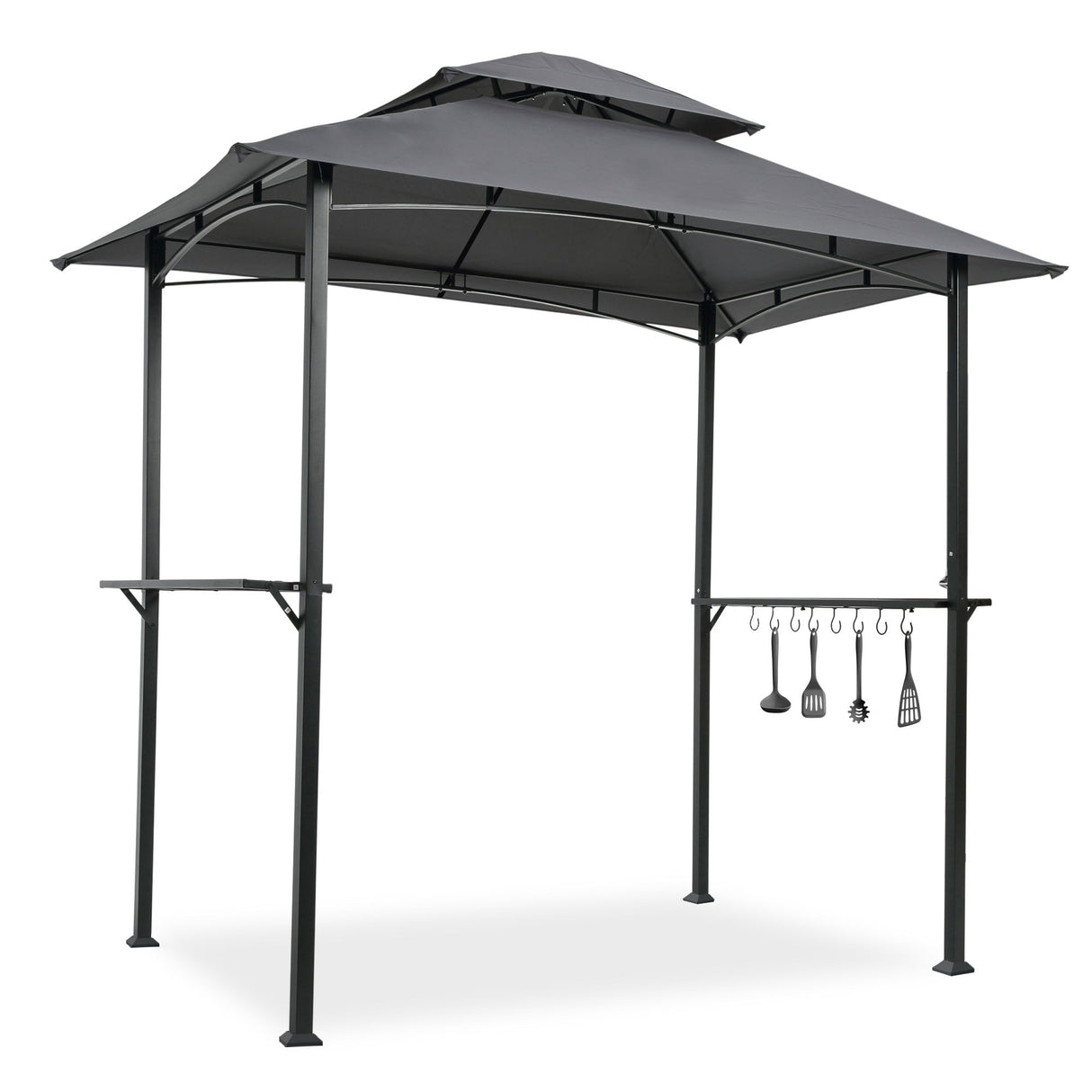 Outdoor Grill Gazebo With Double Tier Soft Top Canopy, Steel Frame, Bar Counters & Hook
