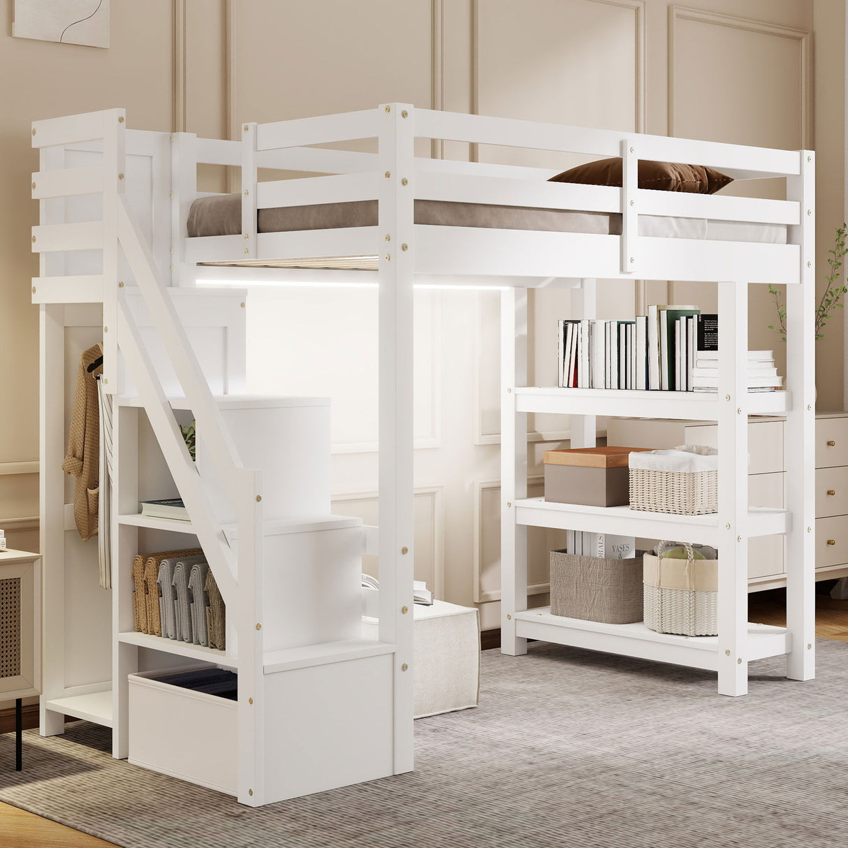 Loft Bed With 4 Layer Shelves, Storage Staircase, Small Wardrobe And LED Light