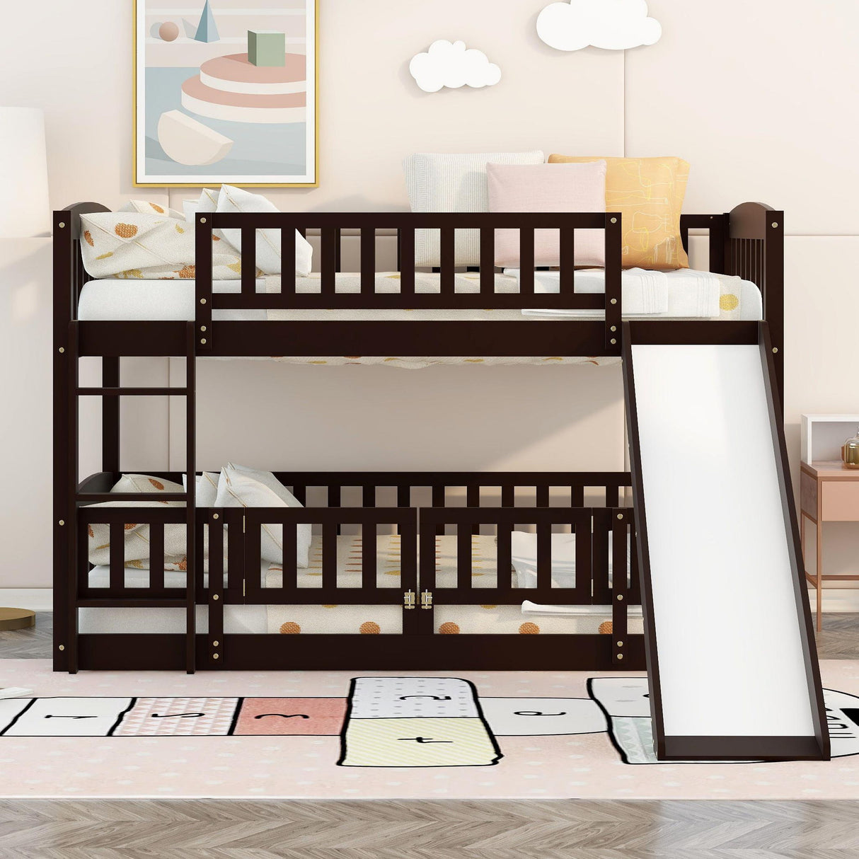 Low Bunk Bed With Slide, Fence And Ladder